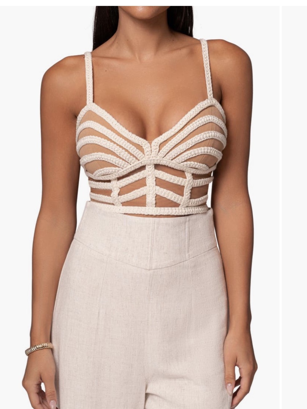 JLUXLABEL Beige Crochet Strap Crop Top